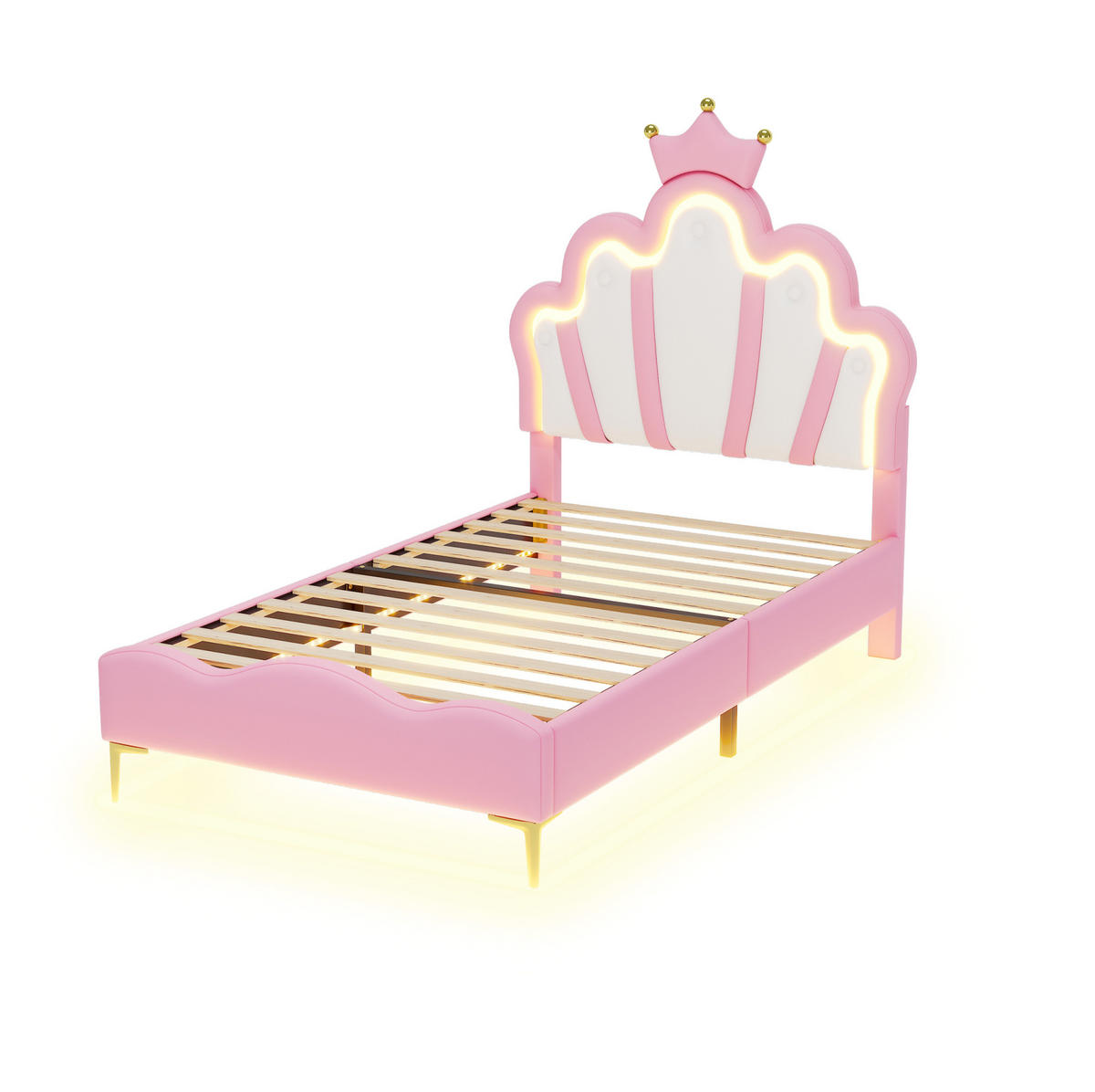 POLSTERBETT 90/200 cm mit LED-Beleuchtung, Kronen-Kopfteil aus PU-Kunstleder, Rosa - Rosa, Kunststoff (90/200cm) - Redom