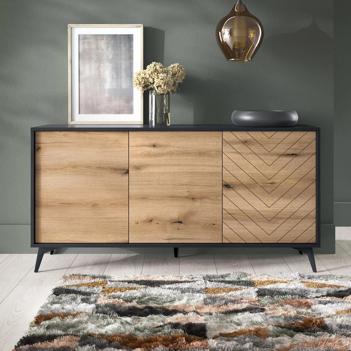KOMMODE DIAMOND K3D (Eiche Evoke, Schwarz, Fischgrätmuster, Metallfüße, Push to Open) - Eichefarben/Schwarz, Holz/Holzwerkstoff (154/77/39cm) - Ravio