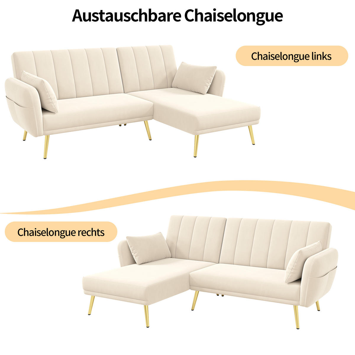 ECKSOFA, Samt mit Schlaffunktion & verstellbarer Rückenlehne, 191,5/130,5/80 cm, Beige - Beige, Textil (130.5/191.5cm) - Redom