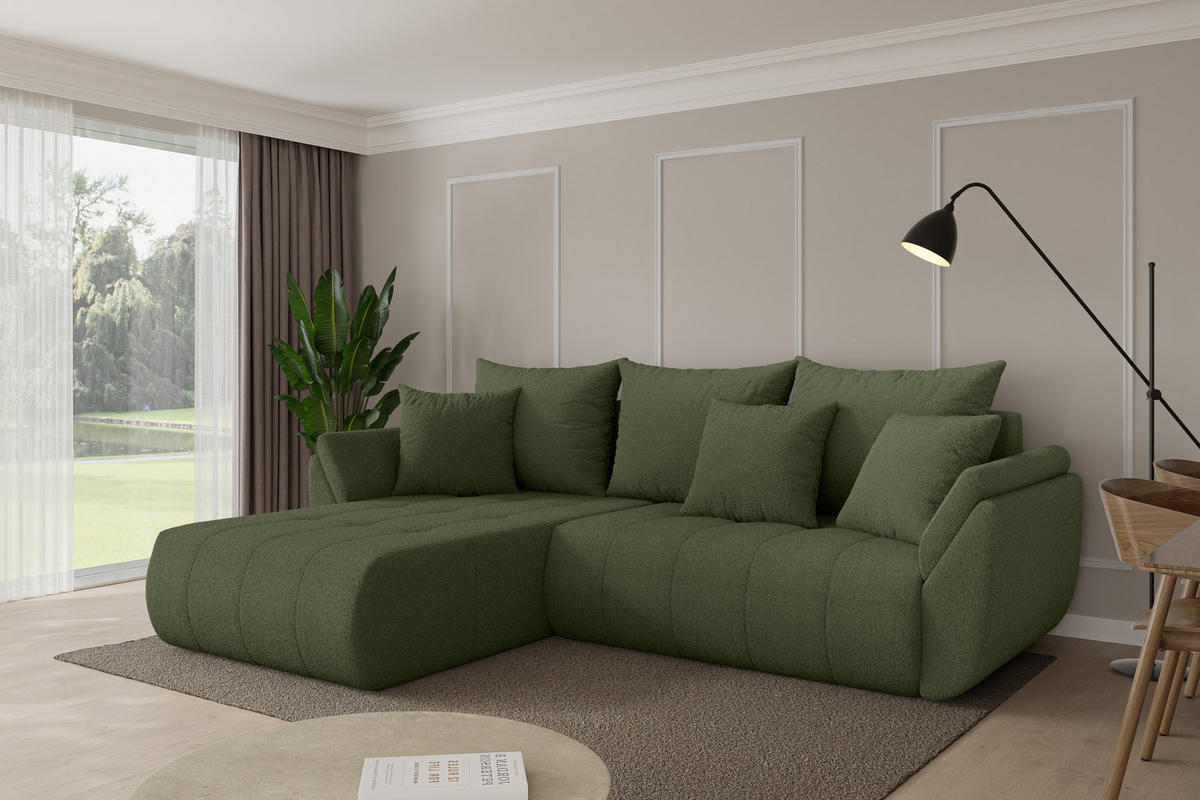 ROHOVÁ SEDAČKA s funkcí spaní, otoman vlevo TOKO-L 277x194x86 zelená bouclé - černá/zelená barva, kompozitní dřevo/textil (277/194cm) - ALTDECOR