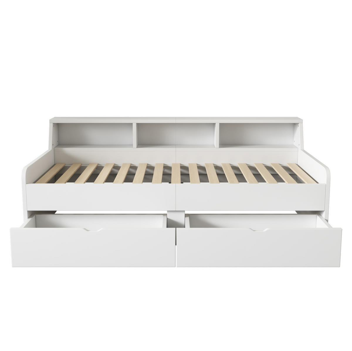 TAGESBETT 90/200 cm mit 2 Schubladen und 3 Ablagefächern aus Kiefern und MDF, Weiß - Weiß, Holzwerkstoff (90/200cm) - Redom
