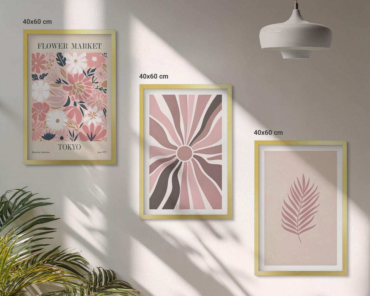 WANDBILDER 3er Set - 40x60 cm Goldrahmen - Florale Blattmuster und Geometrie - Goldfarben, Kunststoff (40/60cm) - ArtPrintCave