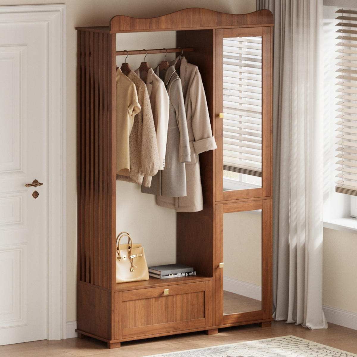 GARDEROBENSCHRANK Spiegel Kleiderstange Schublade - Nussbaumfarben, Holz (115.5/194.5/38.5cm) - LEBENLANG