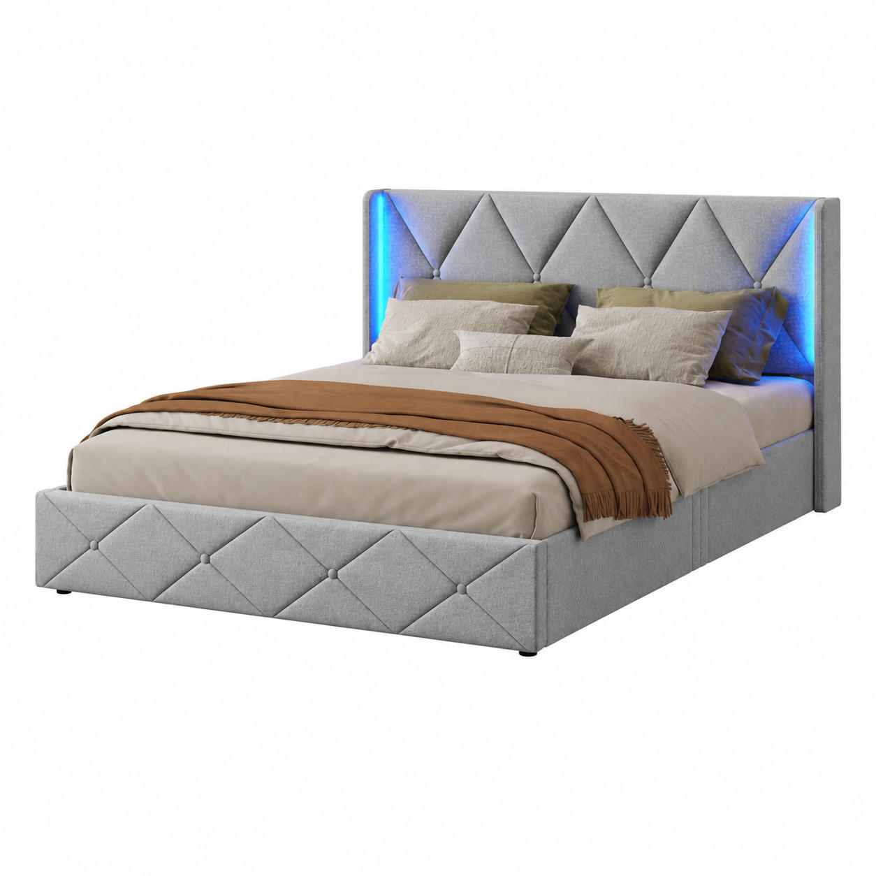POLSTERBETT 140/200 cm mit Stauraum-Bettkasten, rautengepolstertem Kopfteil mit seitlichem mehrfarbigem LED-Licht - Grau, Holz/Metall (140/200cm) - Joyfair