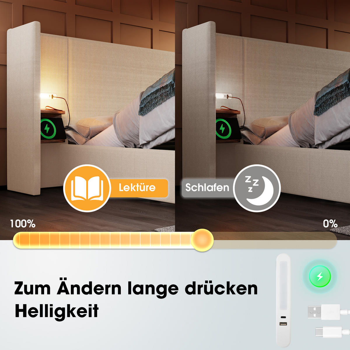 BETTANLAGE 160/200 cm in Beige & Weiß mit Stauraum, Leselampe, USB und Type-C Cord - Beige, Holzwerkstoff/Textil (160/200cm) - STILVORA