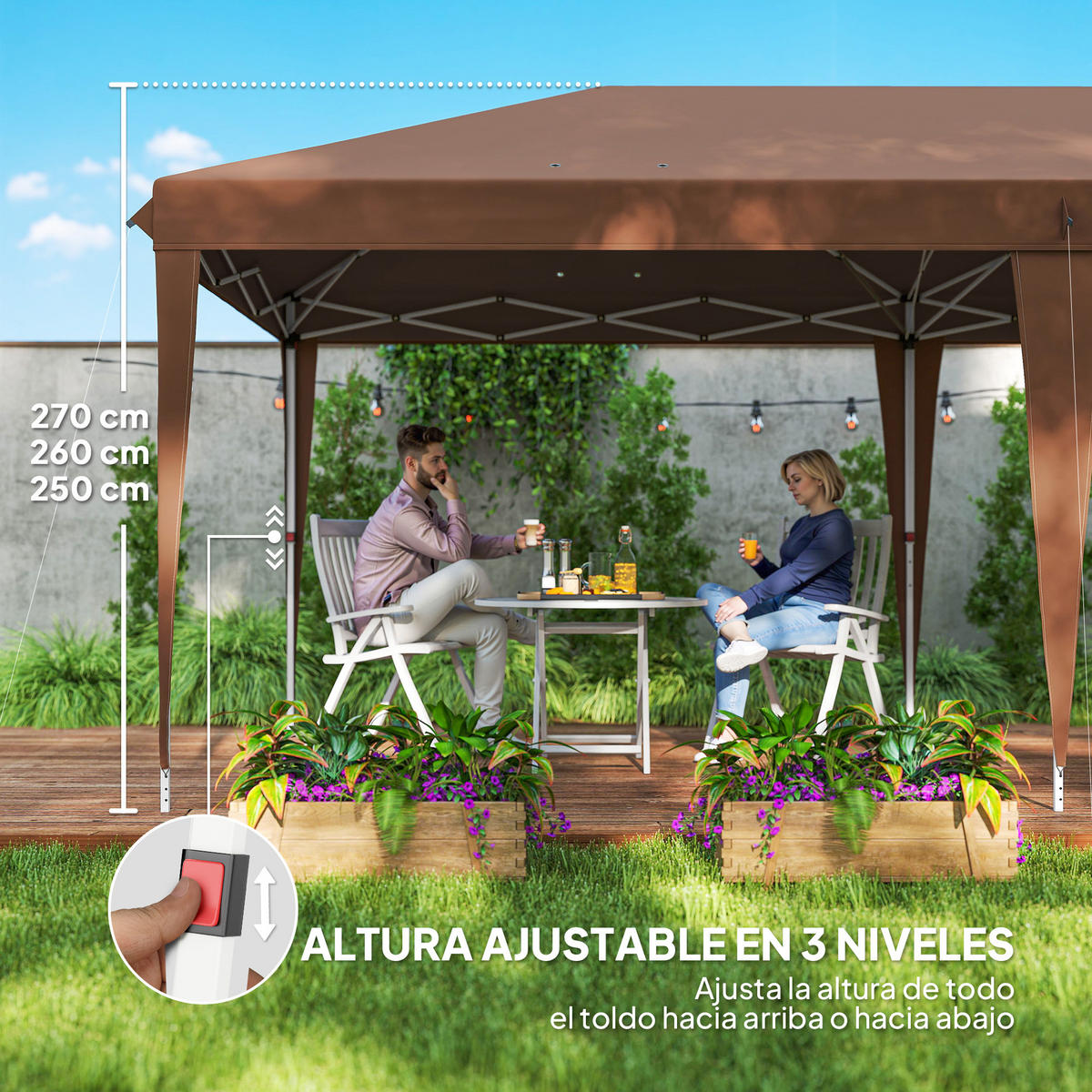 PAVILLON, faltbar mit 3-fach verstellbarer Höhe, 6x3 m, Kaffee - Braun, Metall (295/270/585cm) - Vallsero