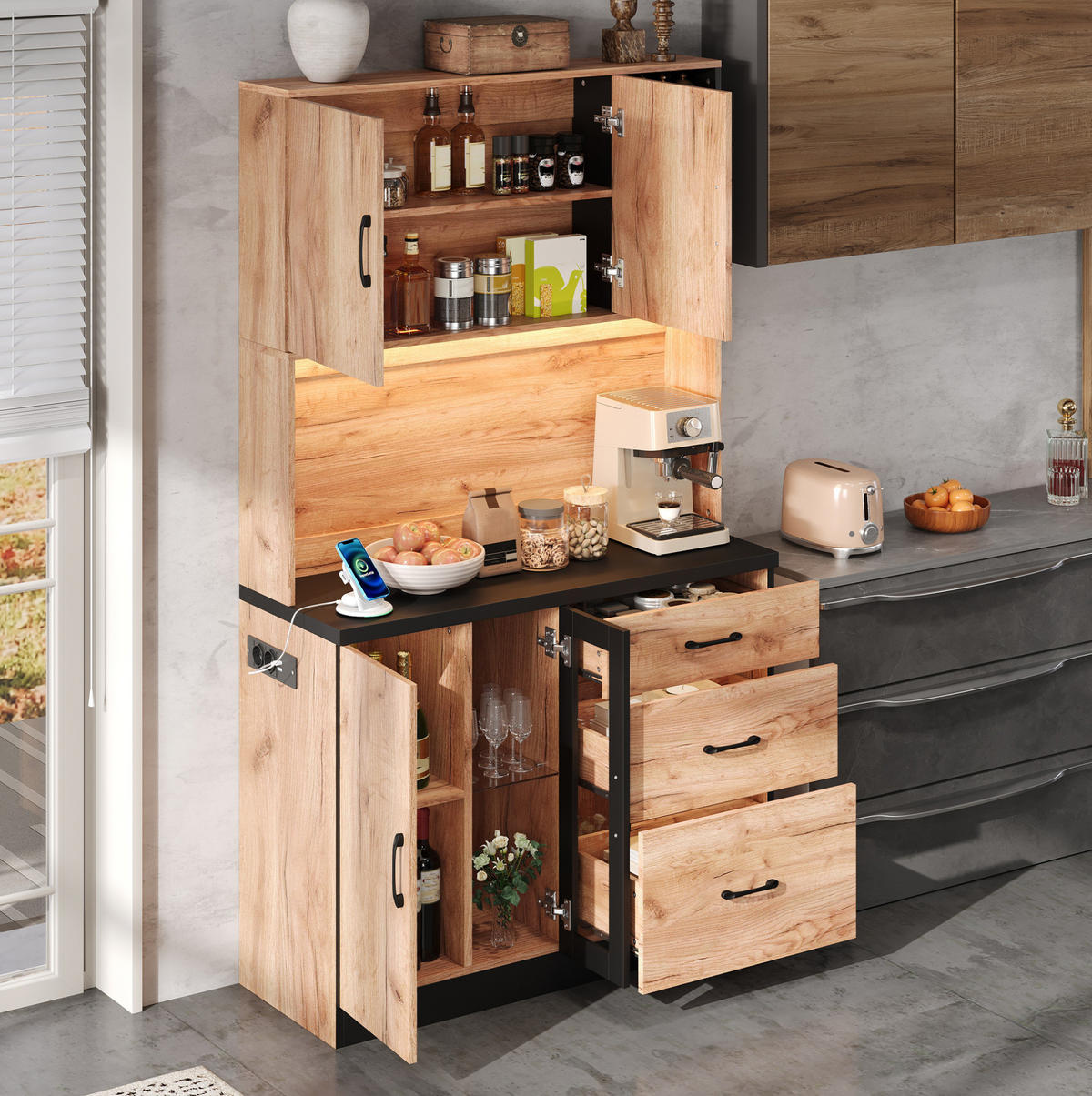 BUFFETSCHRANK 105/40/180 cm mit LED-Beleuchtung, verstellbaren Einlegeböden und Steckdosen, Neutral - Naturfarben, Holzwerkstoff (105/180/40cm) - Redom
