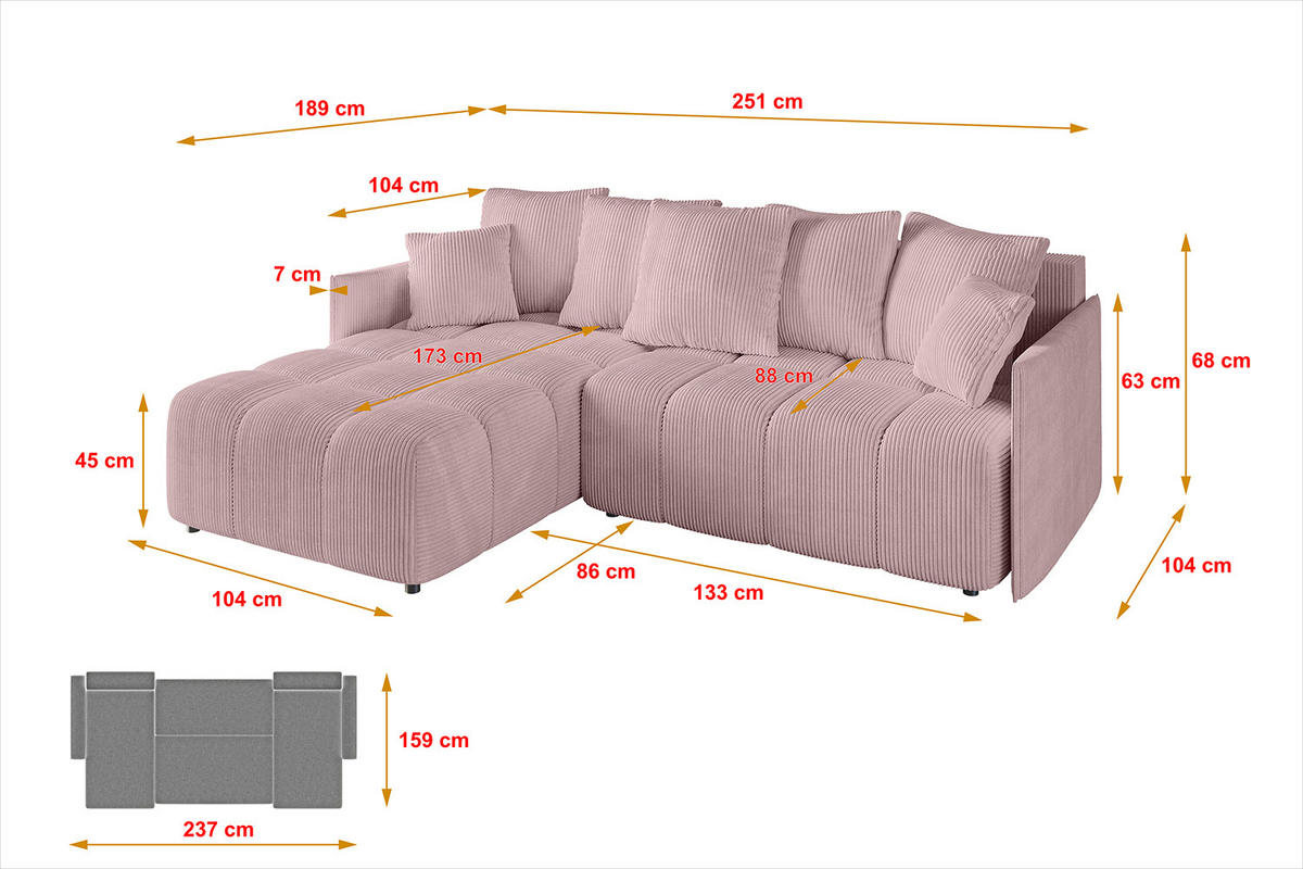 ECKSOFA Ottomane links LONLI-L 251x189x68 Rosa Cord - Rosa, Holzwerkstoff/Kunststoff (251/189cm) - ALTDECOR