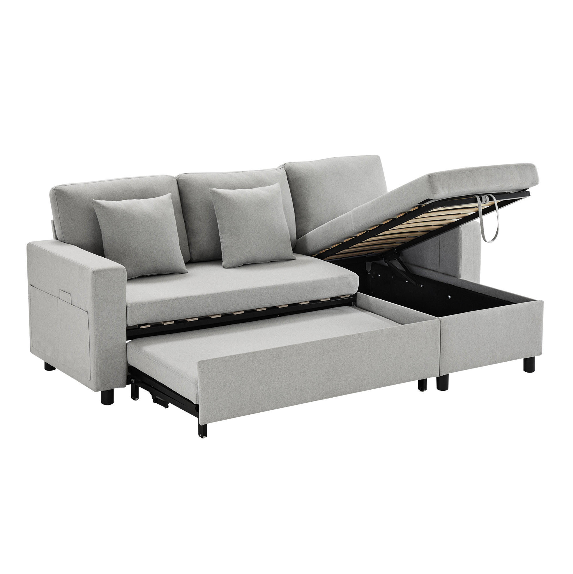 ECKSCHLAFSOFA Leinen mit Stauraum und wechselbarer Chaiselongue Grau 219,5/142,5/83 cm - Grau, Textil (83/142.5cm) - Redom