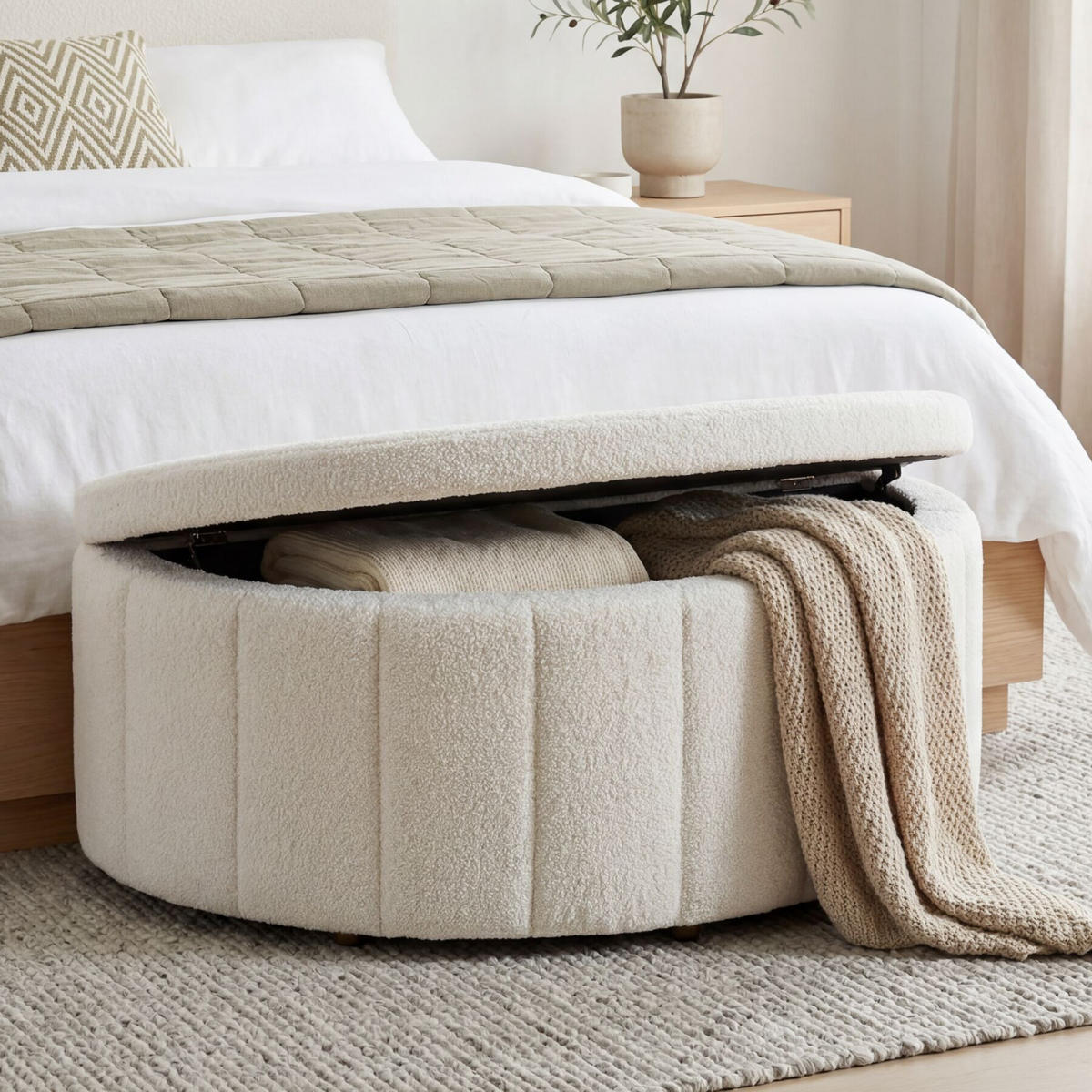 POLSTERBANK Moon mit großem Stauraum, Belastbarkeit 150 kg, 108 x 48 x 38,5 cm, Bouclé creme - Creme, Holz (108/40/48cm) - tectake