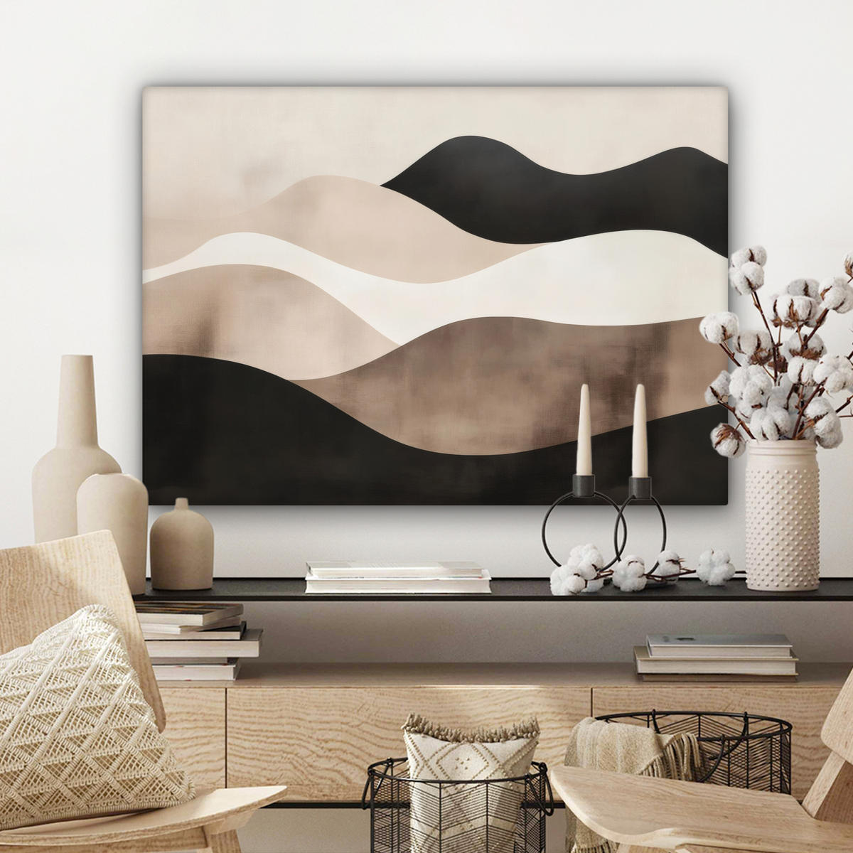 LEINWANDBILD Abstrakt - Landschaft - Wellen - Cremefarben Wandbilder 80x60 cm - Cappuccino, Textil (80/60cm) - MuchoWow