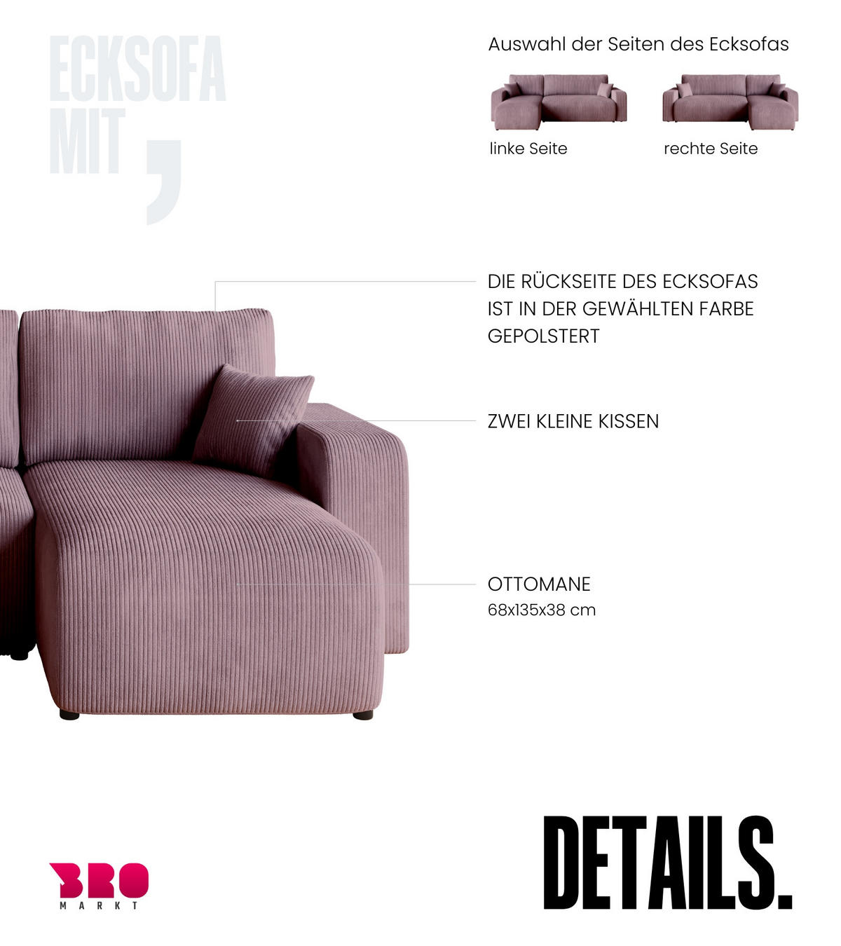 ECKSOFA PUMI mit Schlaffunktion Puderrosa Cord - Rosa, Textil (244/148cm) - Bromarkt