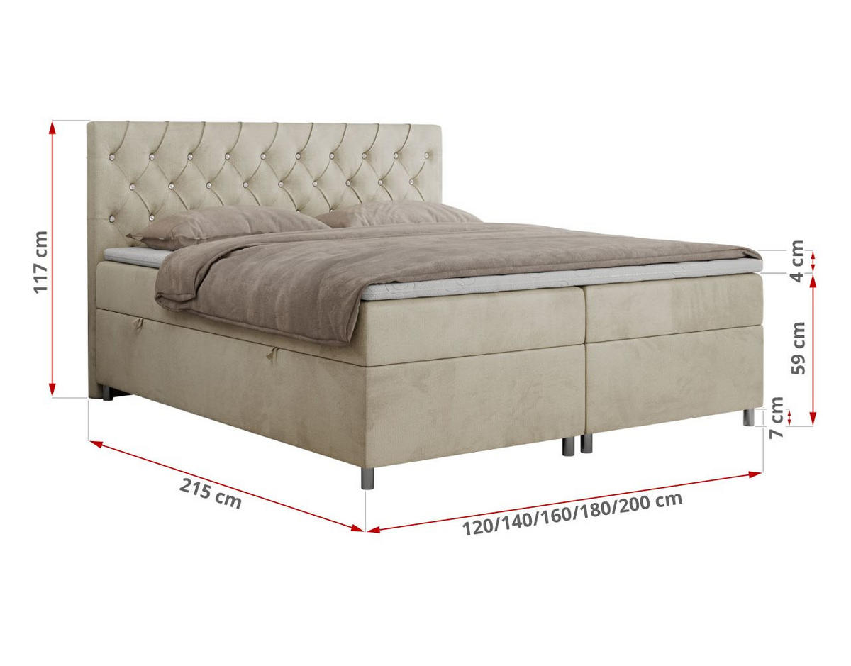 BOXBETT ROMA 120/200 - Beige Velvet - H3 - Beige, Holz/Textil (120/200cm)