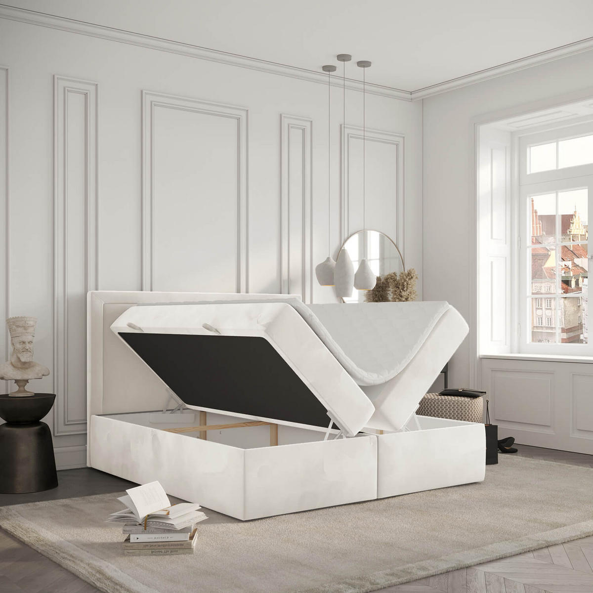 BOXBETT Jodan 140/200 cm Creme im Magic Velvet Stoff - Creme/Schwarz, Holz/Holzwerkstoff (140/200cm) - AltaBeds