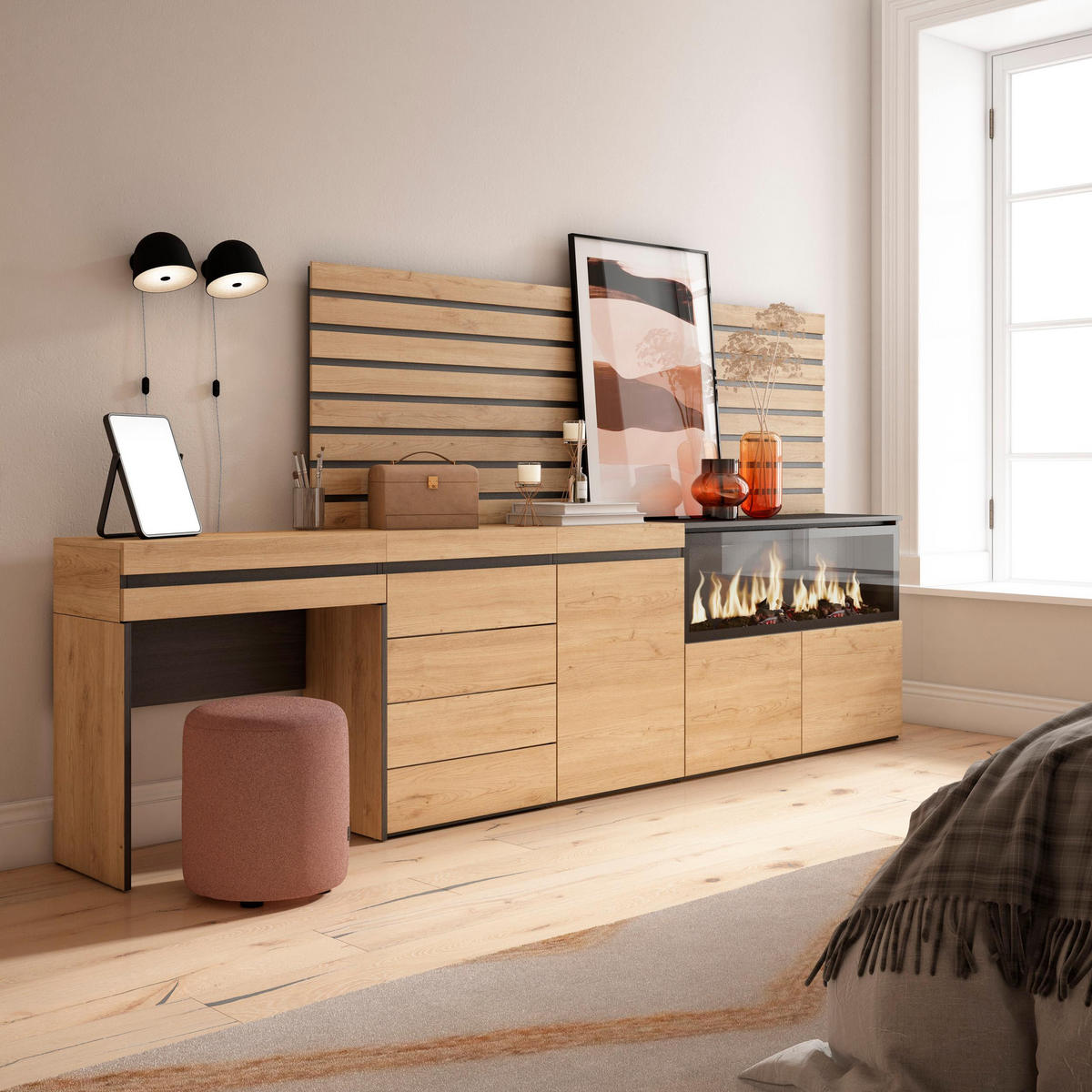 SIDEBOARD mit Konsolentisch Elektrokamin XXL, Lamellenwand Holz, eiche, 284/35/145 cm - Eichefarben, Holzwerkstoff (35/145/284cm) - Skraut Home