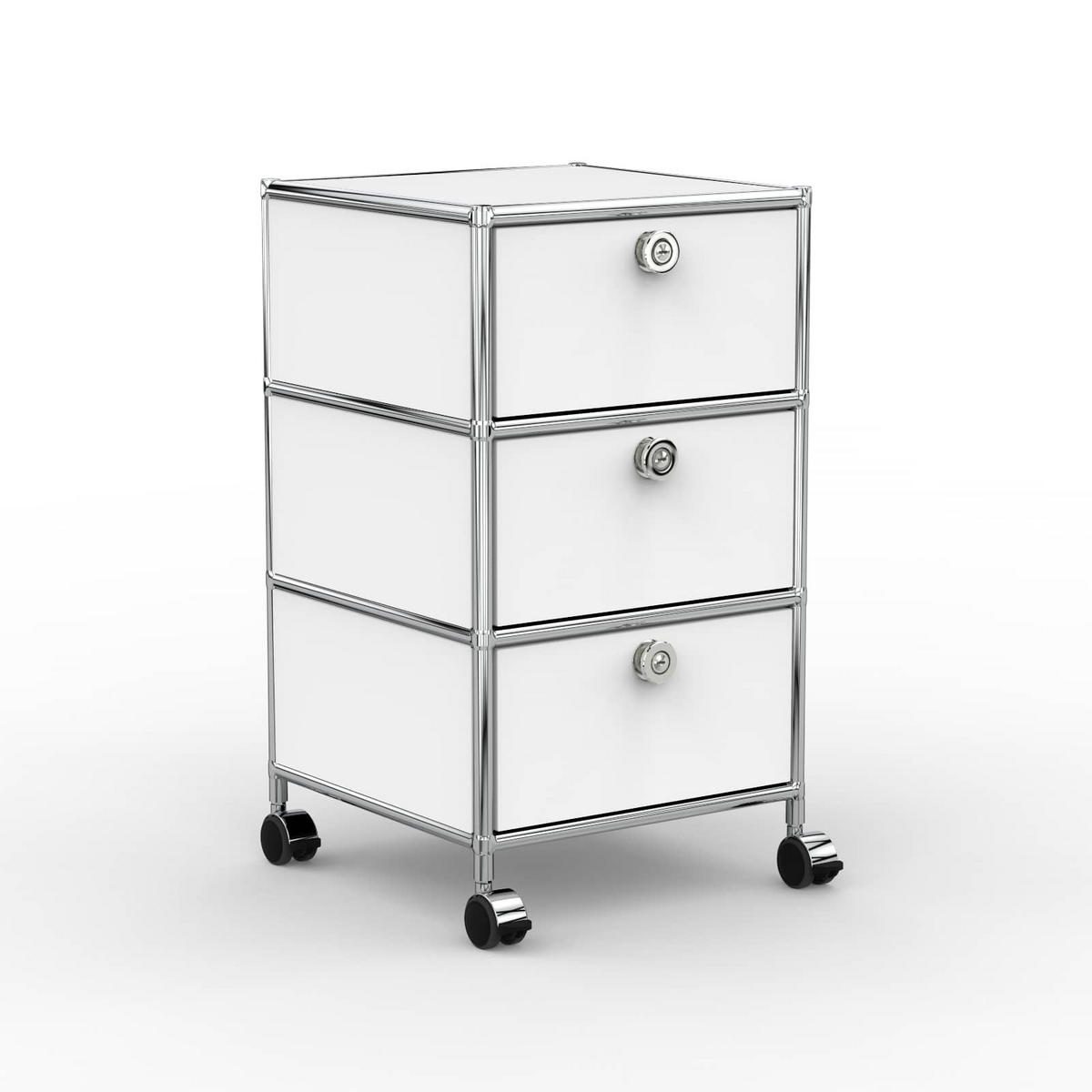 BÜRO-ROLLCONTAINER, Metall, 40 cm, 3 Schubladen, Weiß - Chromfarben/Silberfarben, Metall (40/70.1/39.7cm) - Versee