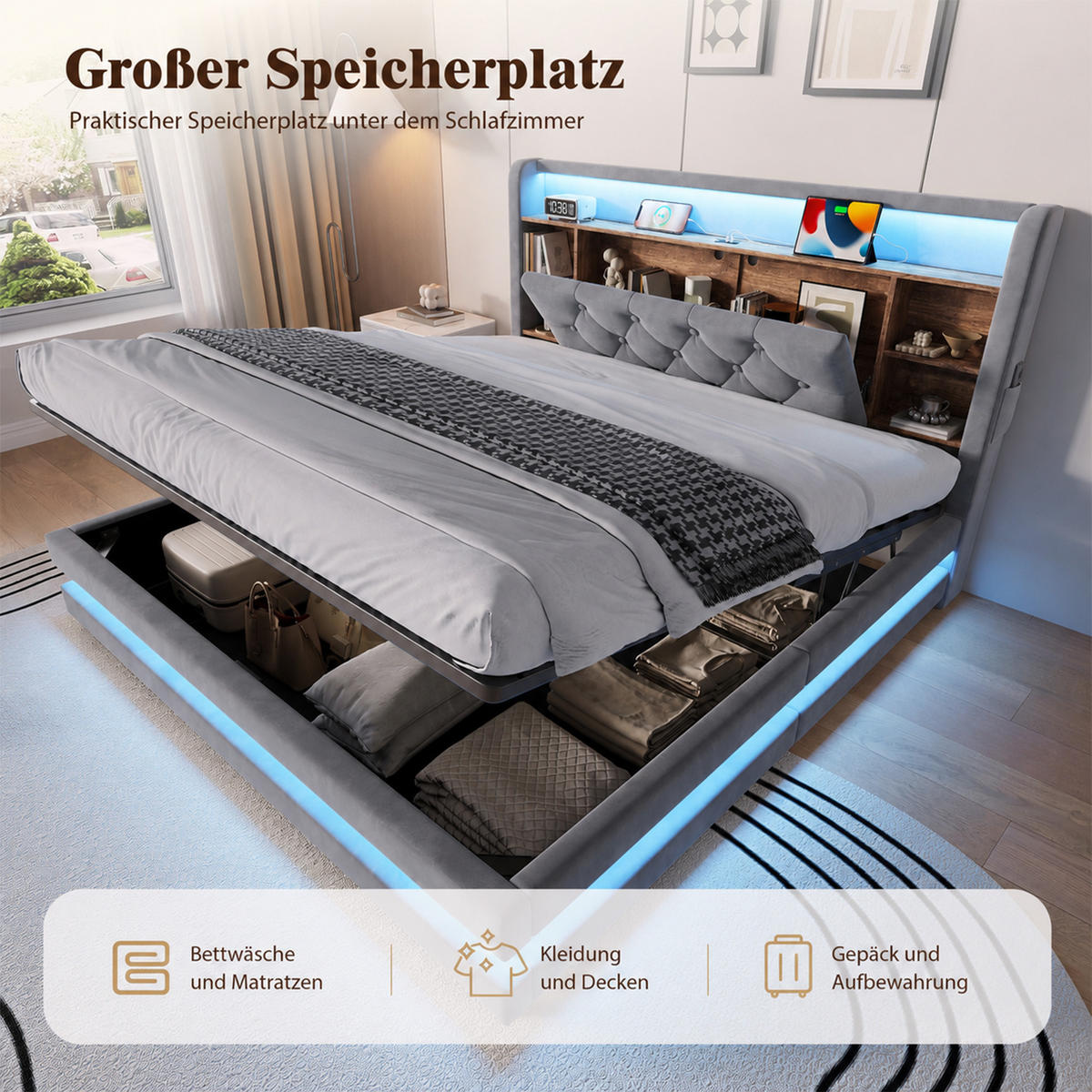 BOXBETT 140/200 mit LED/USB, Kopfteil-Regal & Hydraulik, Samt, Dunkelgrau - Dunkelgrau, Holz (140/200cm) - LVHOM