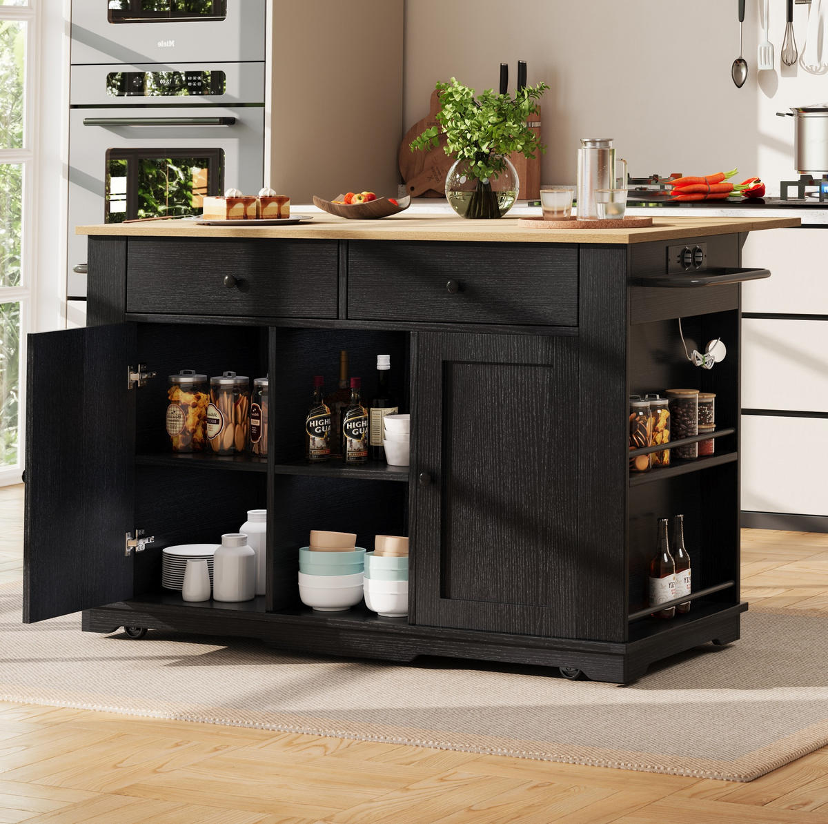 KÜCHENINSEL 151,5/59,7/91,7 cm schwarz mit Steckdosen und klappbarer Tischplatte - Schwarz, Holzwerkstoff (151.5/91.7/84.7cm) - OKWISH