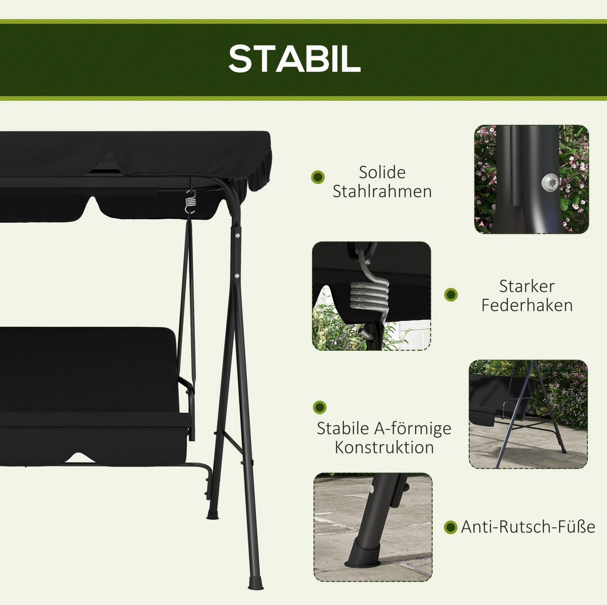 HOLLYWOODSCHAUKEL aus Stahl 172 x 110 x 153 cm in Schwarz mit schwenkbarem Sonnendach - Schwarz, Metall (110/153/172cm) - Modfu