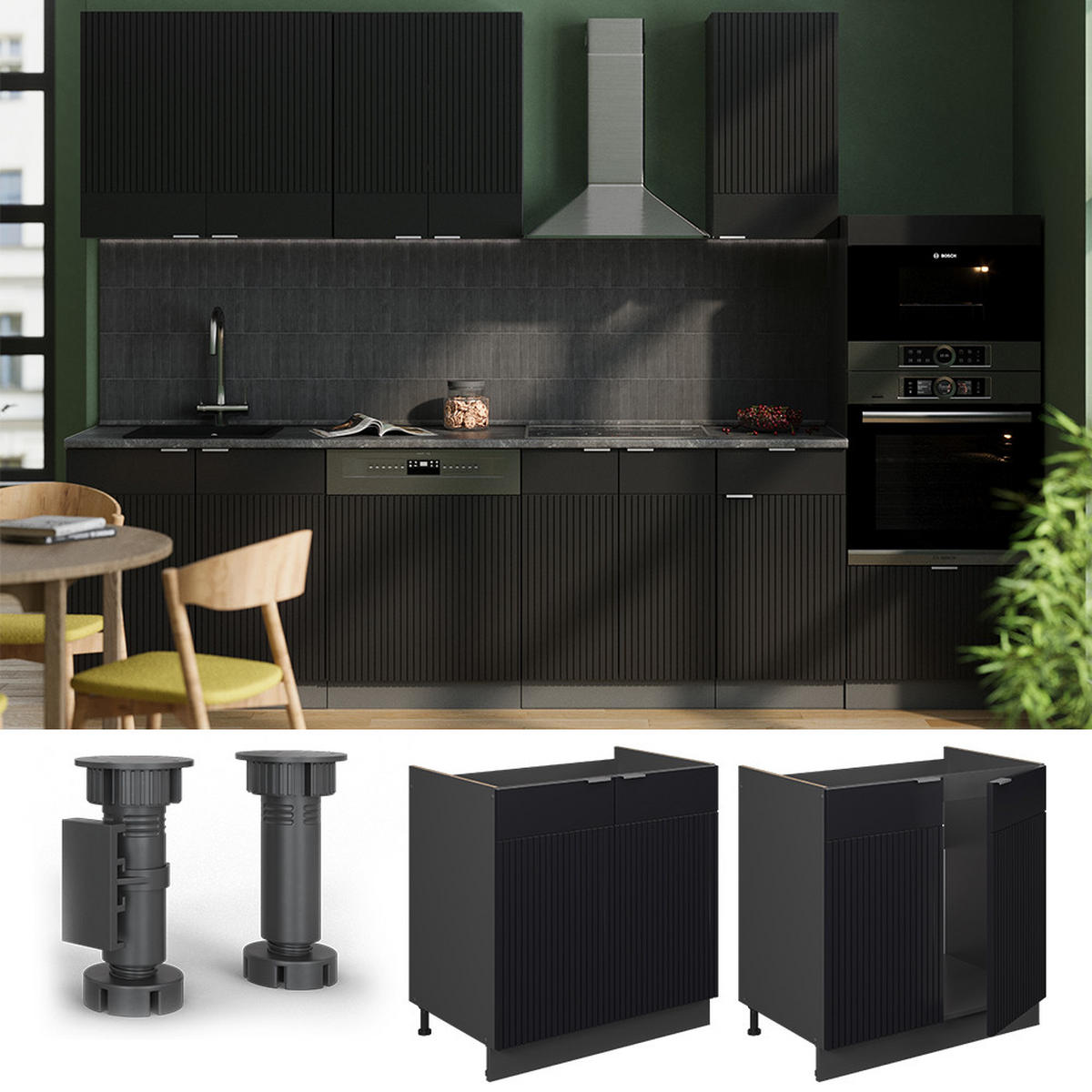 KÜCHENSCHRÄNKE Fame-Line Schwarz gestreift 80 cm , AP Marmor - Anthrazit/Schwarz, Holzwerkstoff (80/82/60cm) - Vicco