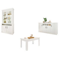 ESSZIMMER-SET weiß Pinie Landhaus, Speisezimmer 3-teilig, Soft-Close und Beleuchtung - Silberfarben/Weiß, Glas/Holzwerkstoff (201/207/90cm) - Furn.Design