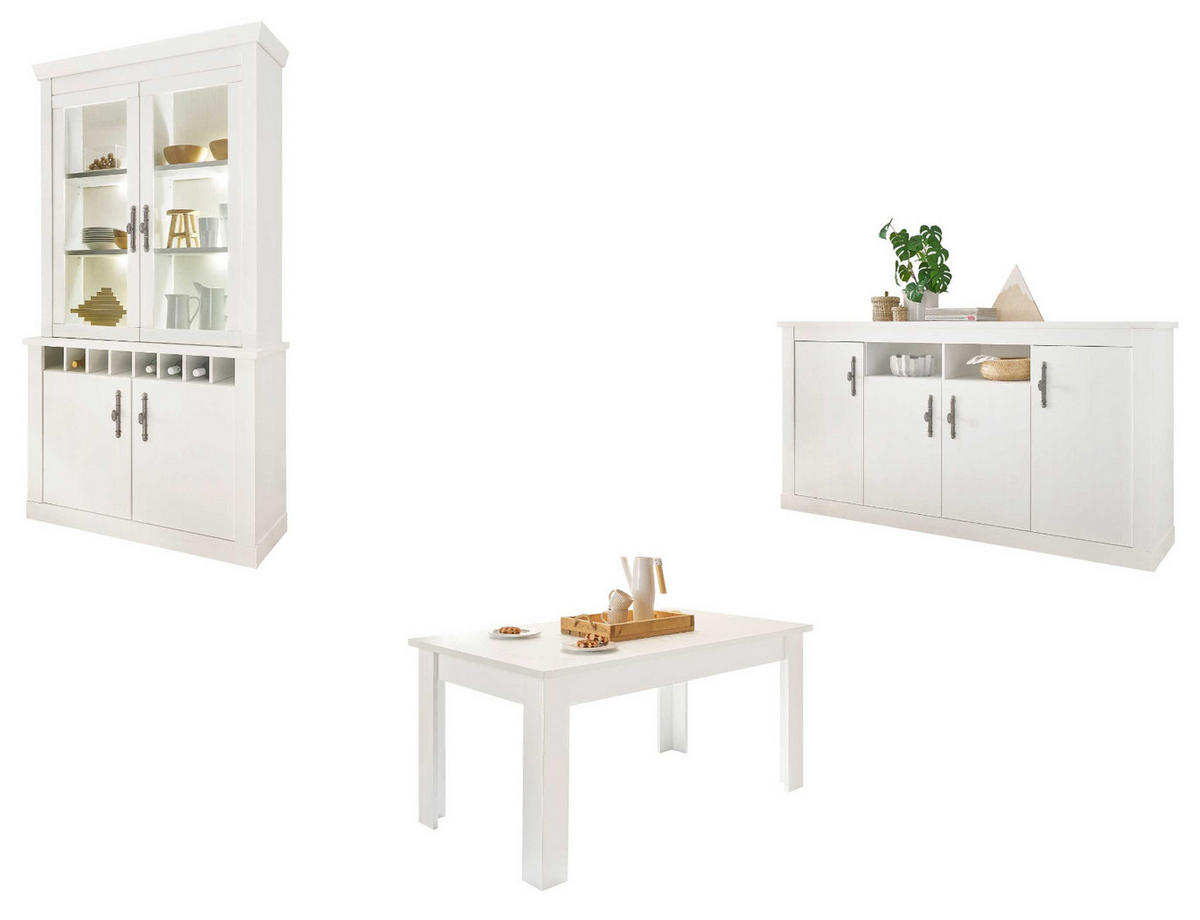 ESSZIMMER-SET weiß Pinie Landhaus, Speisezimmer 3-teilig, Soft-Close und Beleuchtung - Silberfarben/Weiß, Glas/Holzwerkstoff (201/207/90cm) - Furn.Design