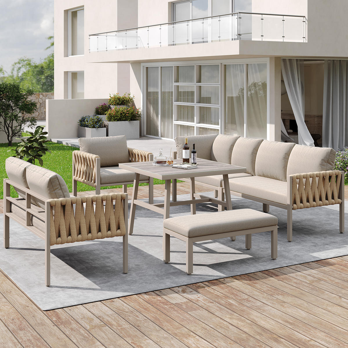 GARTENSET Eck Beige Seil Mit Verstellbaren Füßen & Glastisch - Beige, Metall - FLIEKS