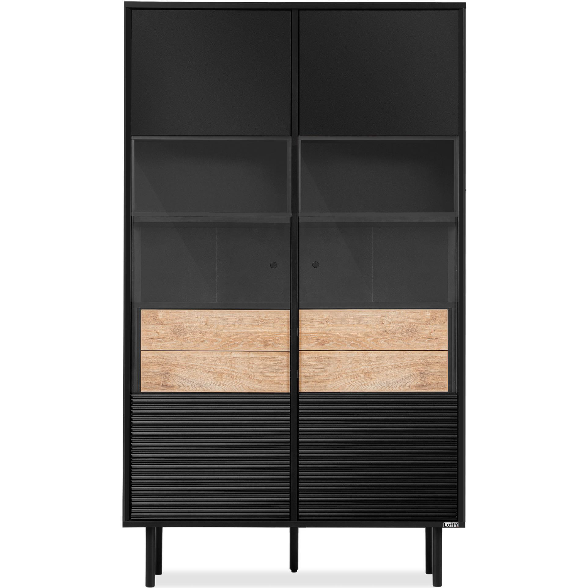 VITRINENSCHRÄNK LOFTY Außenseiteneinlage, schwarz / Eiche natur - Eichefarben/Schwarz, Holzwerkstoff (102/174/41cm) - KONSIMO®
