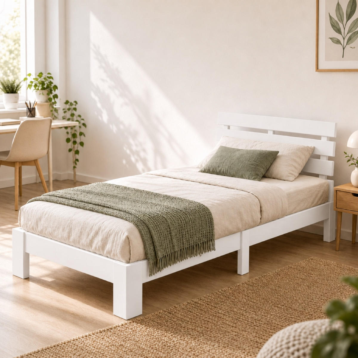 POSTELJA Bela masiven bor z letvenim dnom 90x200 cm - bela, les - Relaxdays