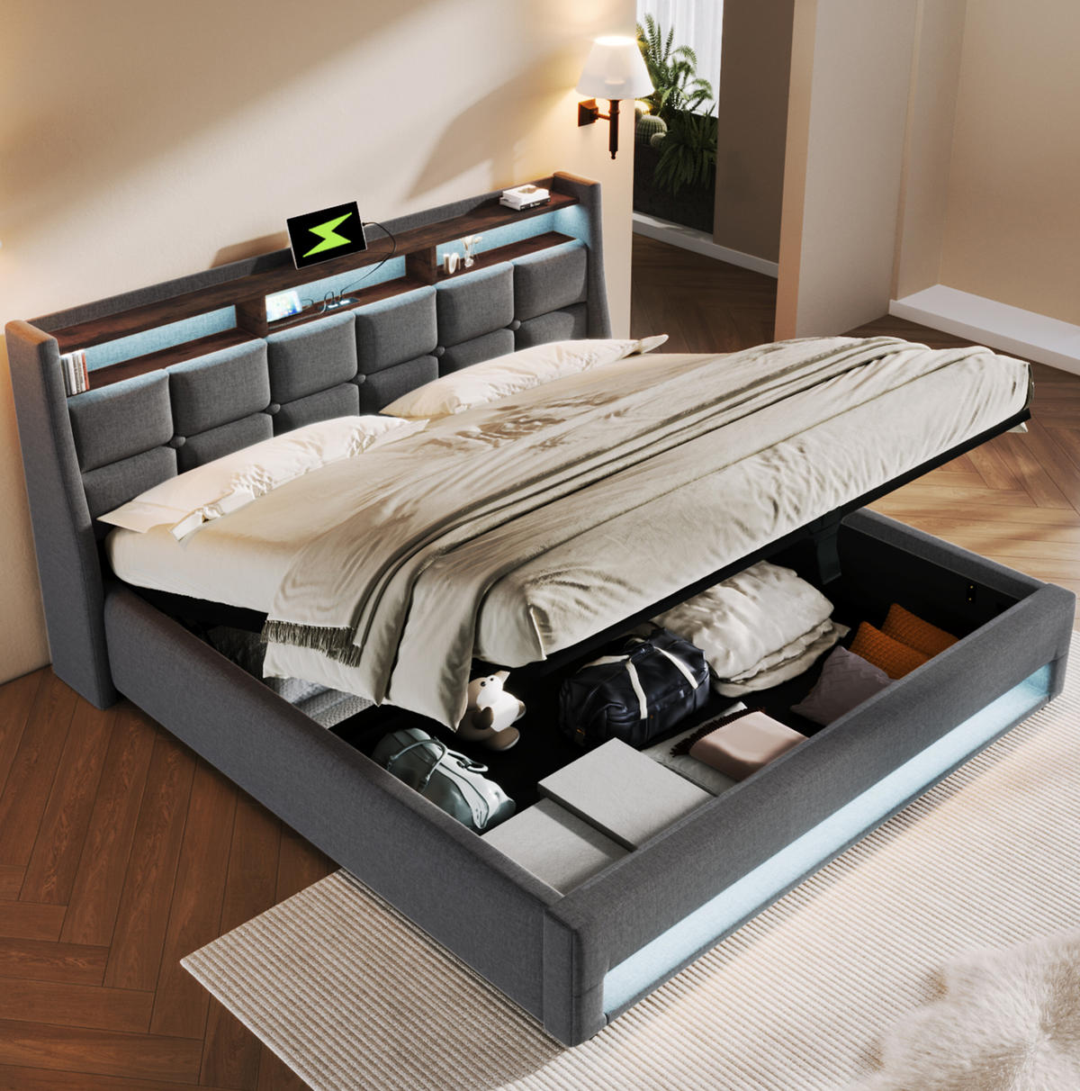POLSTERBETT 180/200 cm mit LED-Beleuchtung, USB-Anschluss und Bettkasten aus Leinenstoff, Grau/Hellbeige - Grau, Textil (180/200cm) - Redom