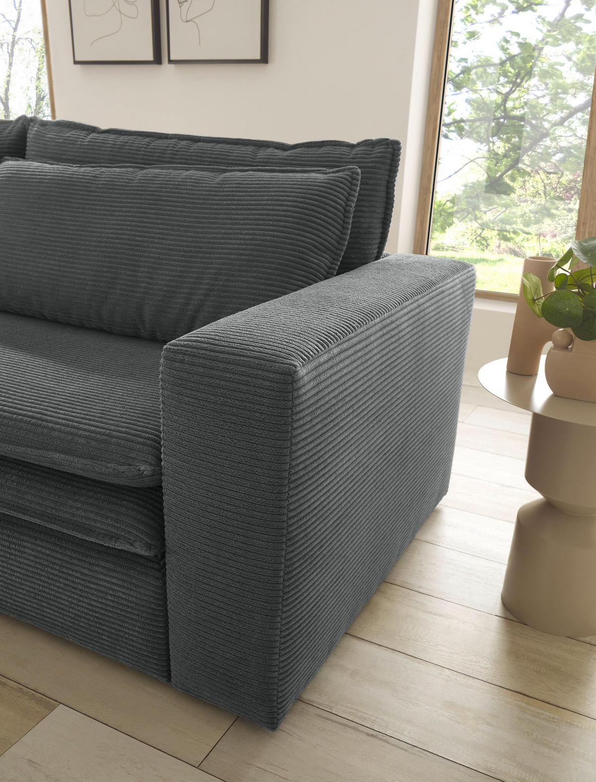 SOFA-SET grau Cord, Couch 3-Sitzer mit Bettfunktion inklusive Hocker - Beige/Grau, Holz/Textil (244/83/176cm) - Furn.Design