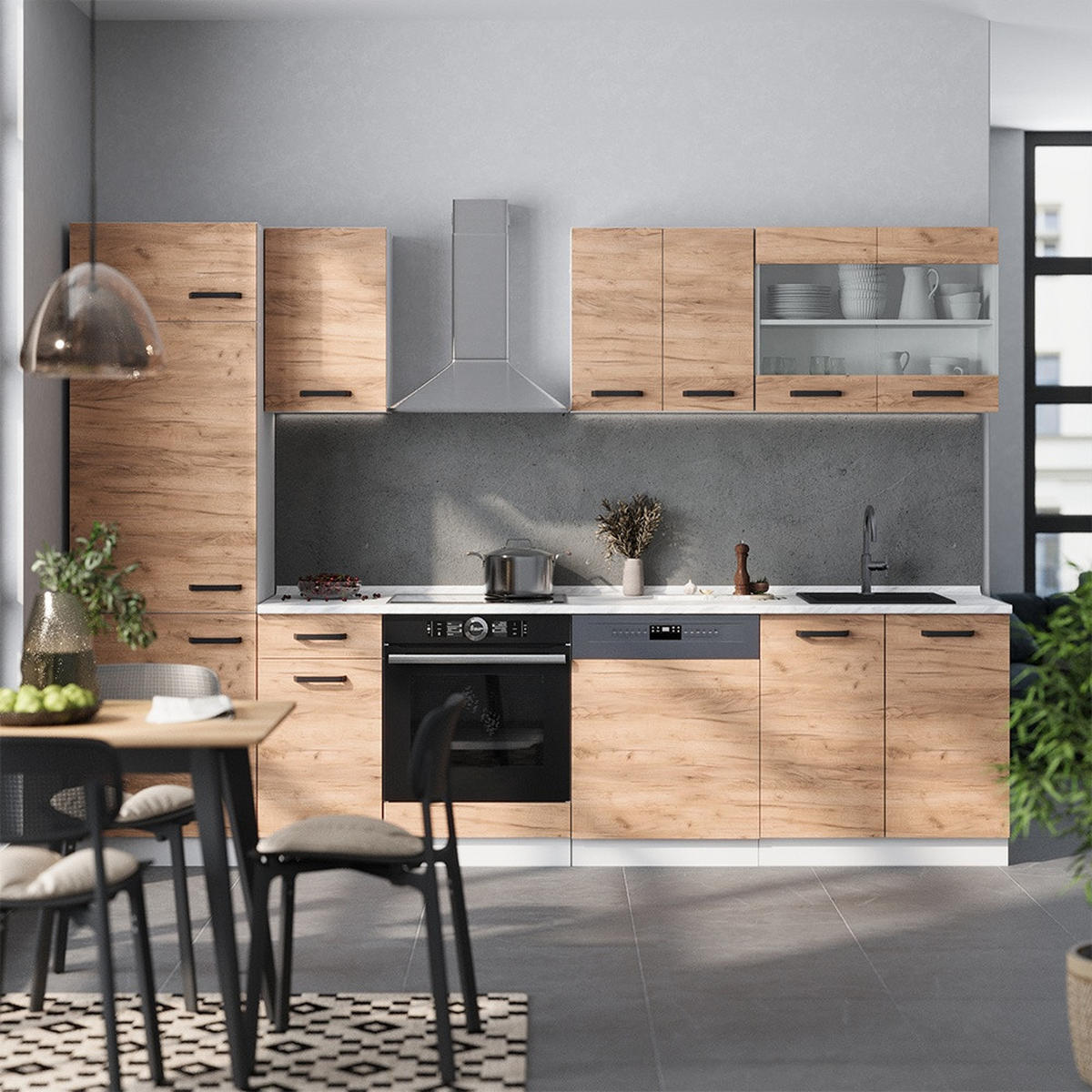 KÜCHENZEILE R-Line Goldkraft Eiche/Weiß 300 cm AP Marmor - Honigeiche/Weiß, Holzwerkstoff (300/206.8/60cm) - Vicco