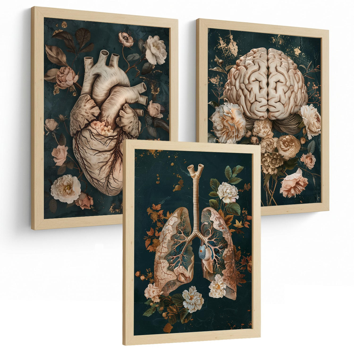 POSTER Set aus 3 Anatomie Drucke und Dekorative Wandbilder mit Herz Gehirn Lungen Atmungssystem Florales Grün Gold Design Größe Leichter Holzrahmen A3 - Beige, Papier (29.7/42/3cm) - Nacnic