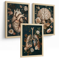 POSTER Set aus 3 Anatomie Drucke und Dekorative Wandbilder mit Herz Gehirn Lungen Atmungssystem Florales Grün Gold Design Größe Leichter Holzrahmen A3 - Beige, Papier (29.7/42/3cm) - Nacnic