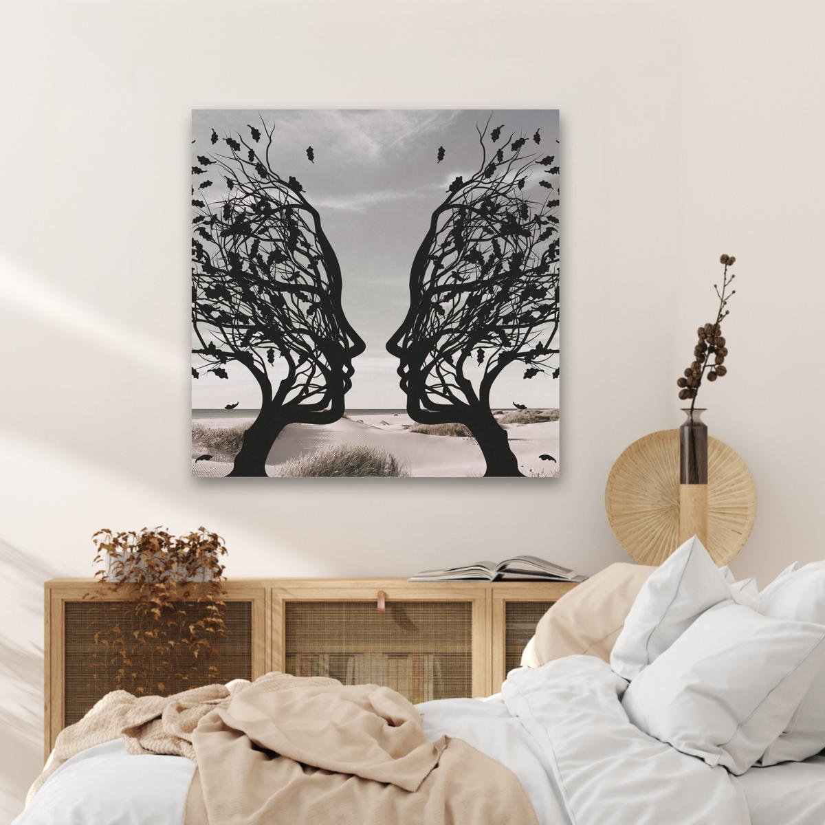 AKUSTIKBILD Strand - Meer - Menschen - Baum - Moderne Kunst Akustikpaneele 80x80 cm - Hellgrau, Kunststoff (80/80/0.9cm) - MuchoWow