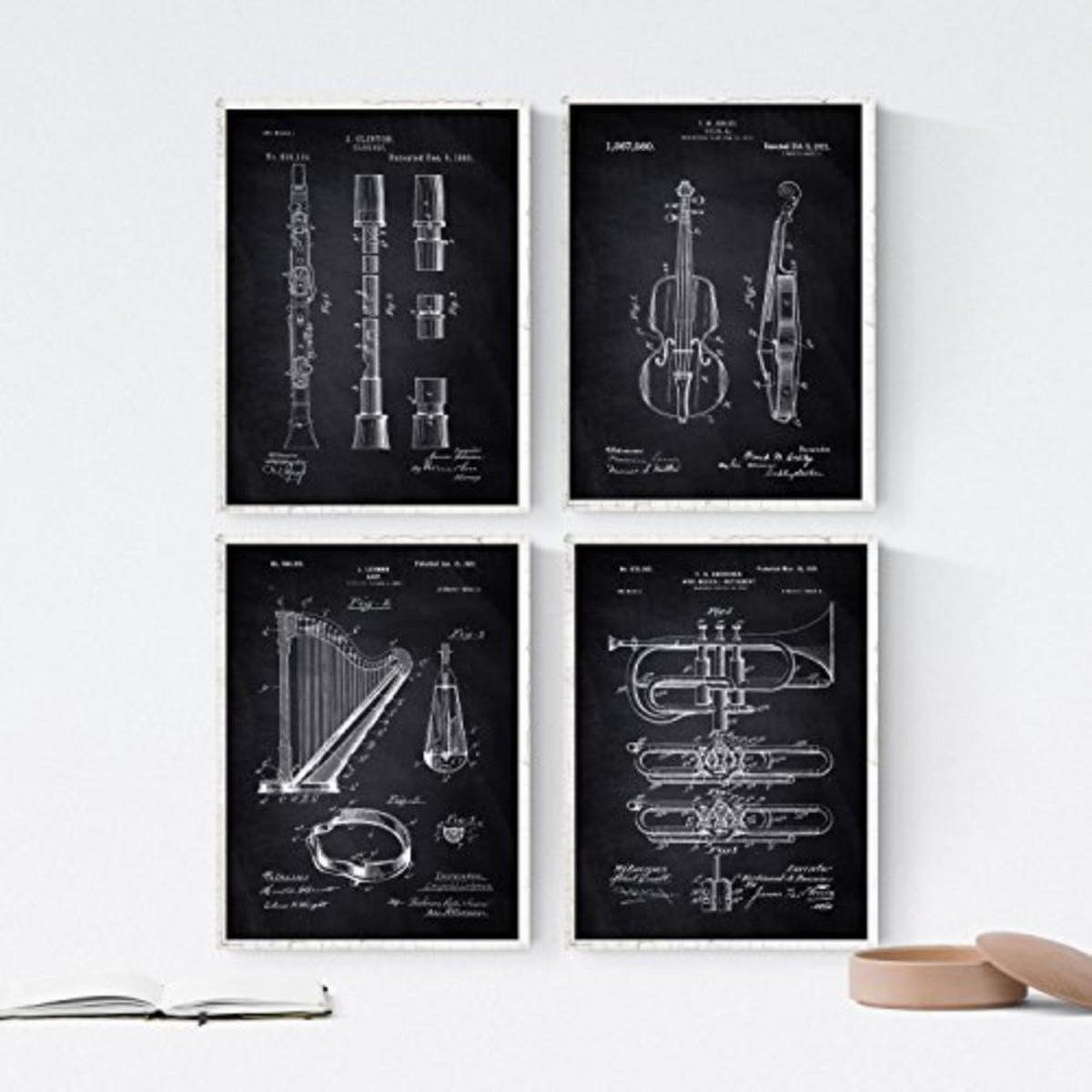 POSTER Set mit 4 Schwarz Orchester Instrumenten Patenten A4 Rahmenlos - Klar, Papier (29.7/3cm) - Nacnic