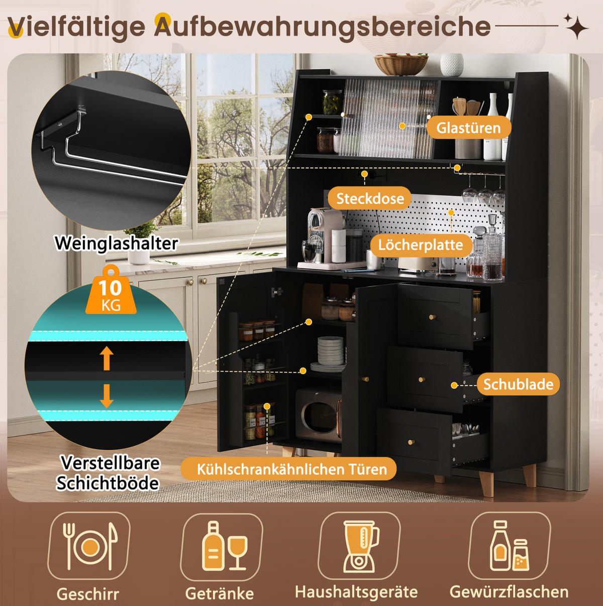 KÜCHENOBERSCHRANK 120/40/184 cm in Schwarz mit Schubladen, Steckdosen und Fluted Glas - Schwarz, Holzwerkstoff (120/184/40cm) - BEAOK
