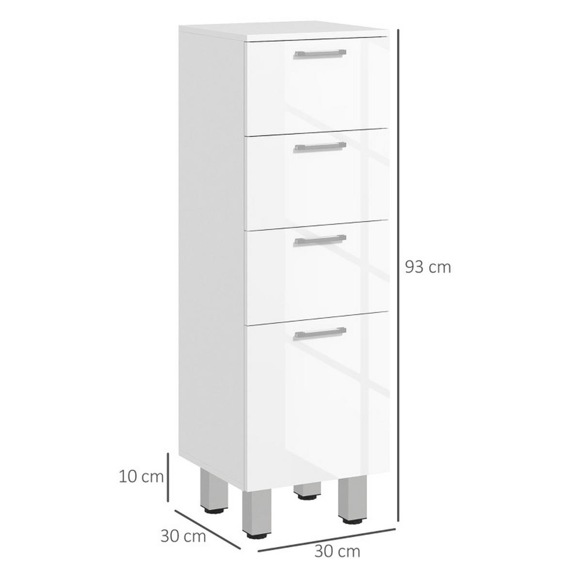 BADEZIMMERSCHRANK 30x30x93 cm Weiß aus Massivholz mit 4 Schubladen & Hochglanzfront - Weiß, Holzwerkstoff (30/93/30cm) - Modfu