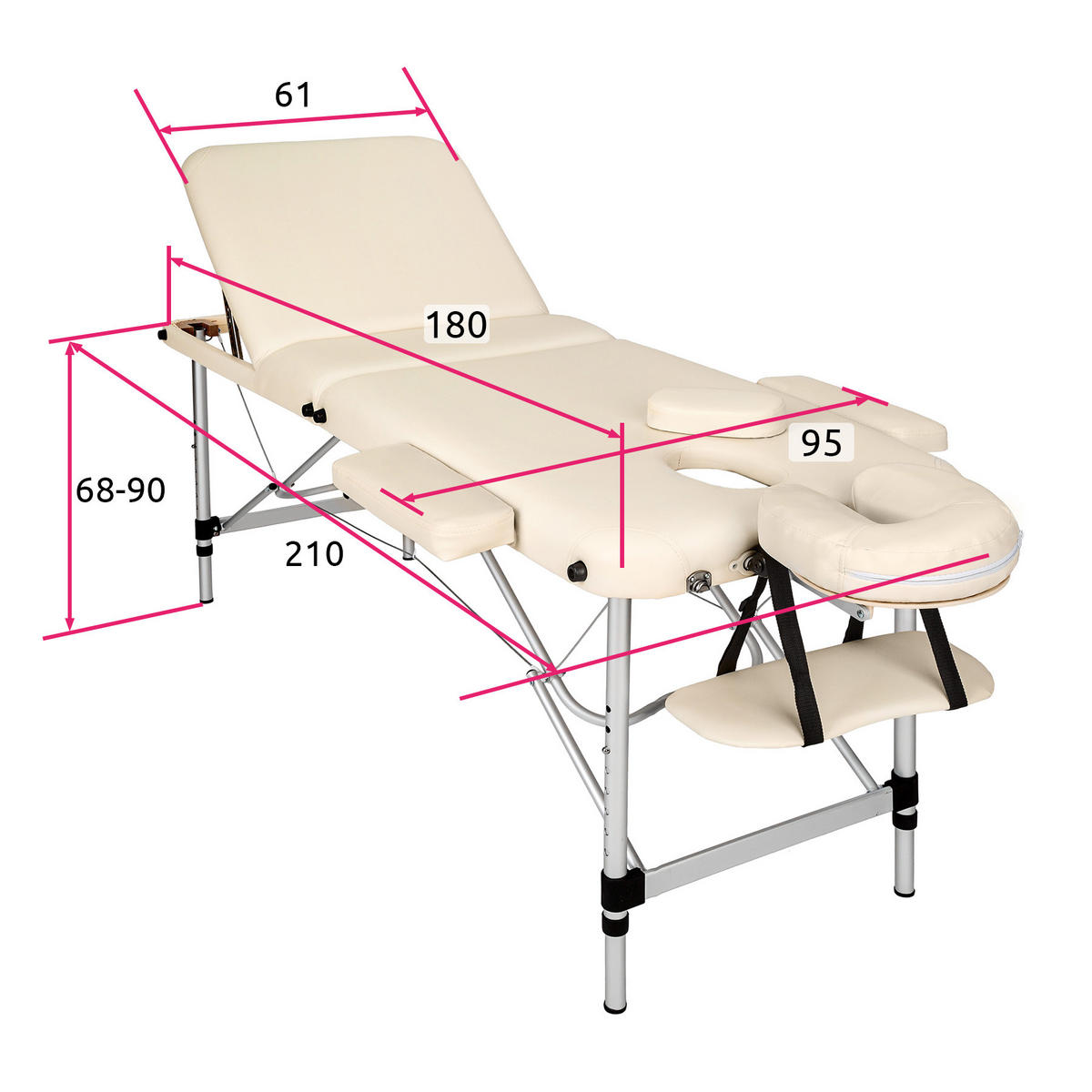 MASSAGELIEGE 3 Zonen, 210 x 95 x 90 cm,weiß - Weiß, Metall (61/68/180cm) - tectake