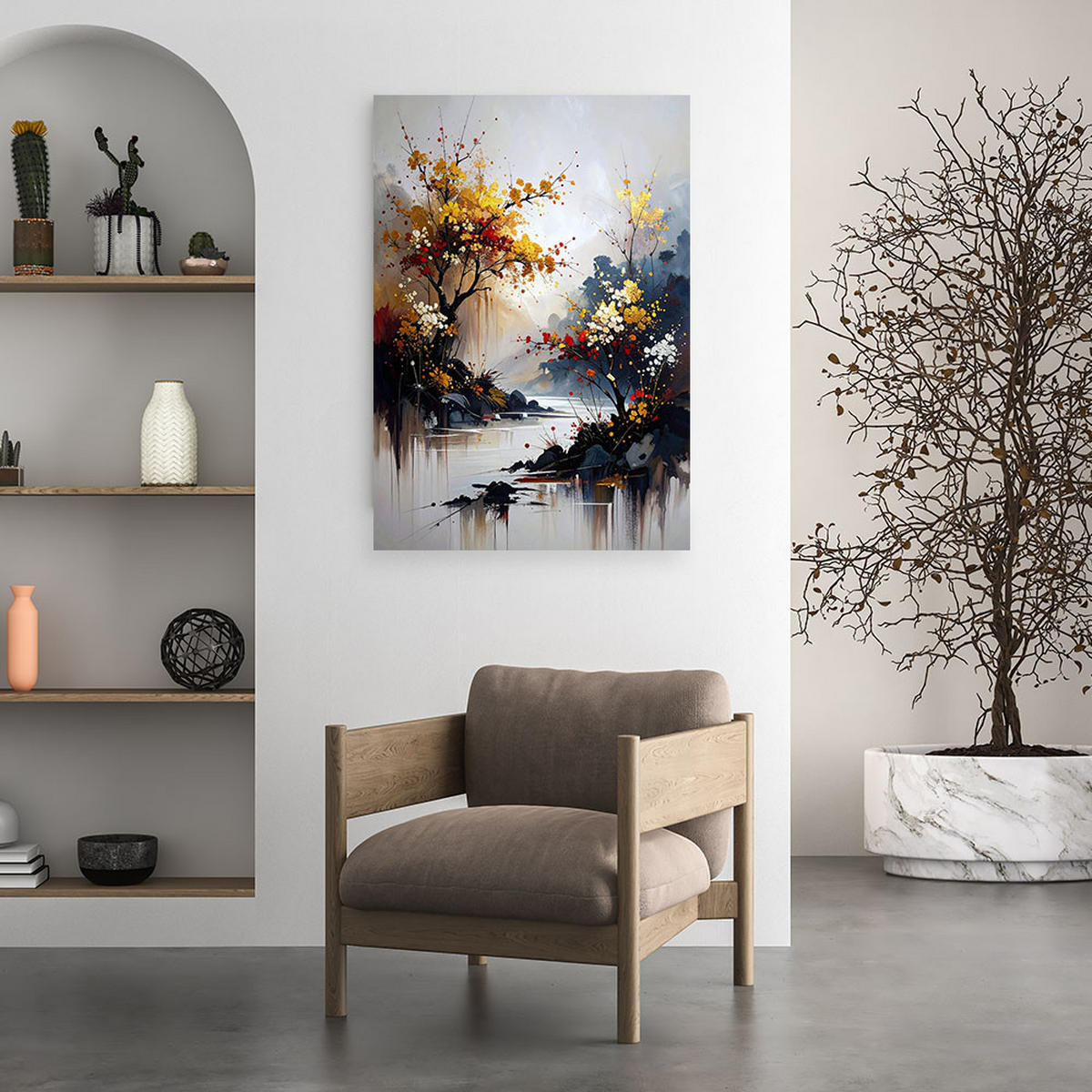 BILD auf Leinwand, Japanische Landschaft Bäume Berge beige - Beige, Textil (40/60cm) - Feeby