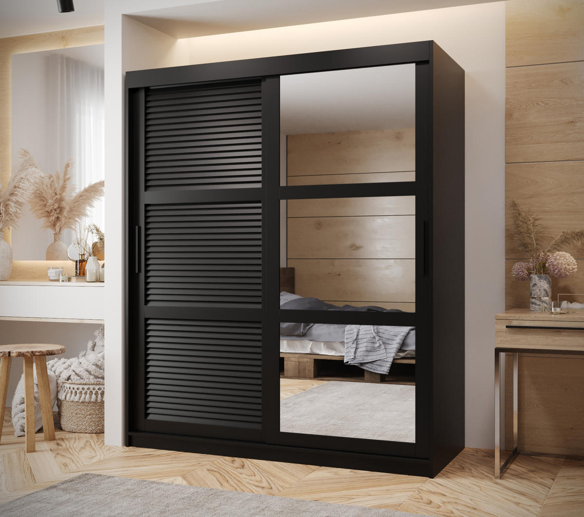 SCHWEBETÜRENSCHRANK 200/150/62 2-türig - Schwarz, Holz/Kunststoff (150/200/62cm) - MÖBEL KRYSPOL