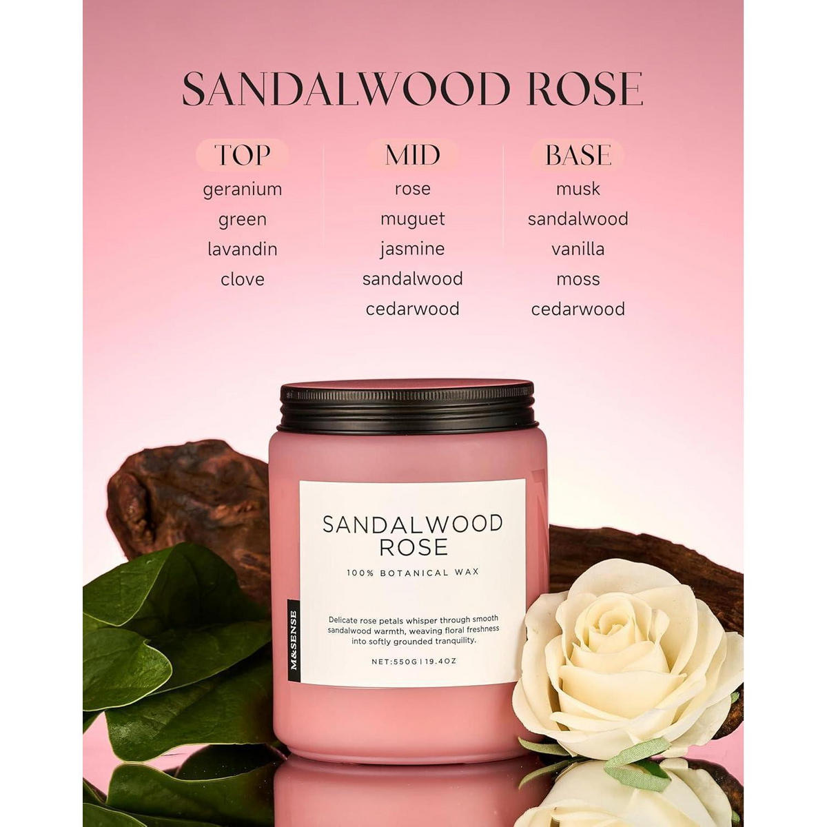 DUFTKERZE Sandelholz Rose 550g 110h 2-Docht Sojawachs - Rosa, Paraffin (13cm)