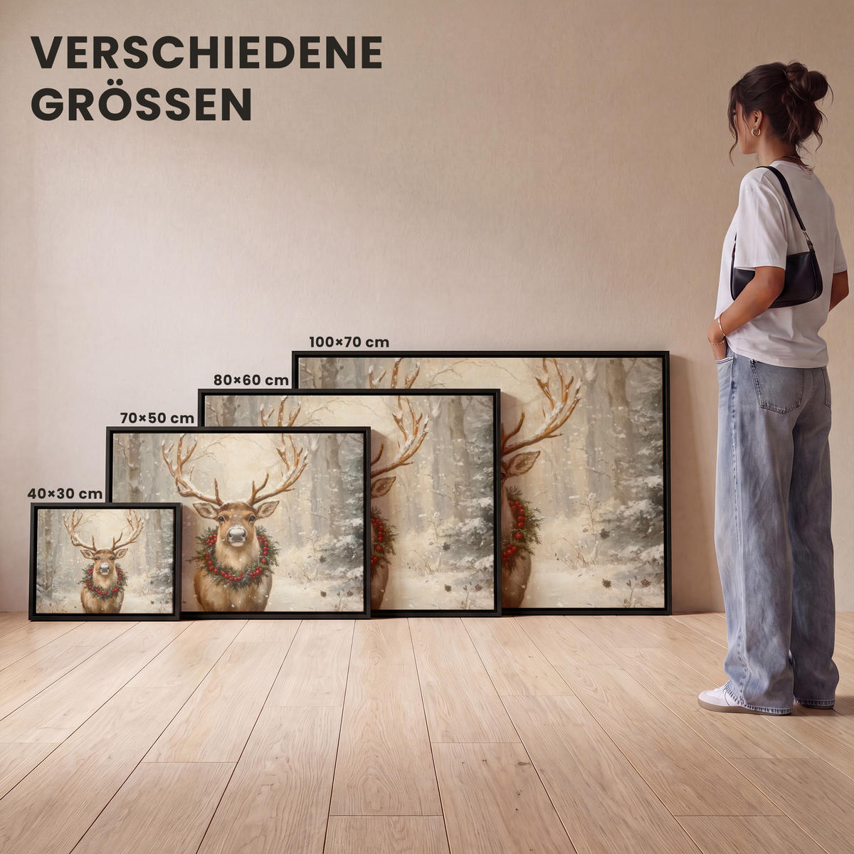 LEINWAND Bilder mit Rahmen - Weihnachten - Rentier - Winter - Kranz - 40x30 - Naturfarben, Textil (40/30cm) - MuchoWow