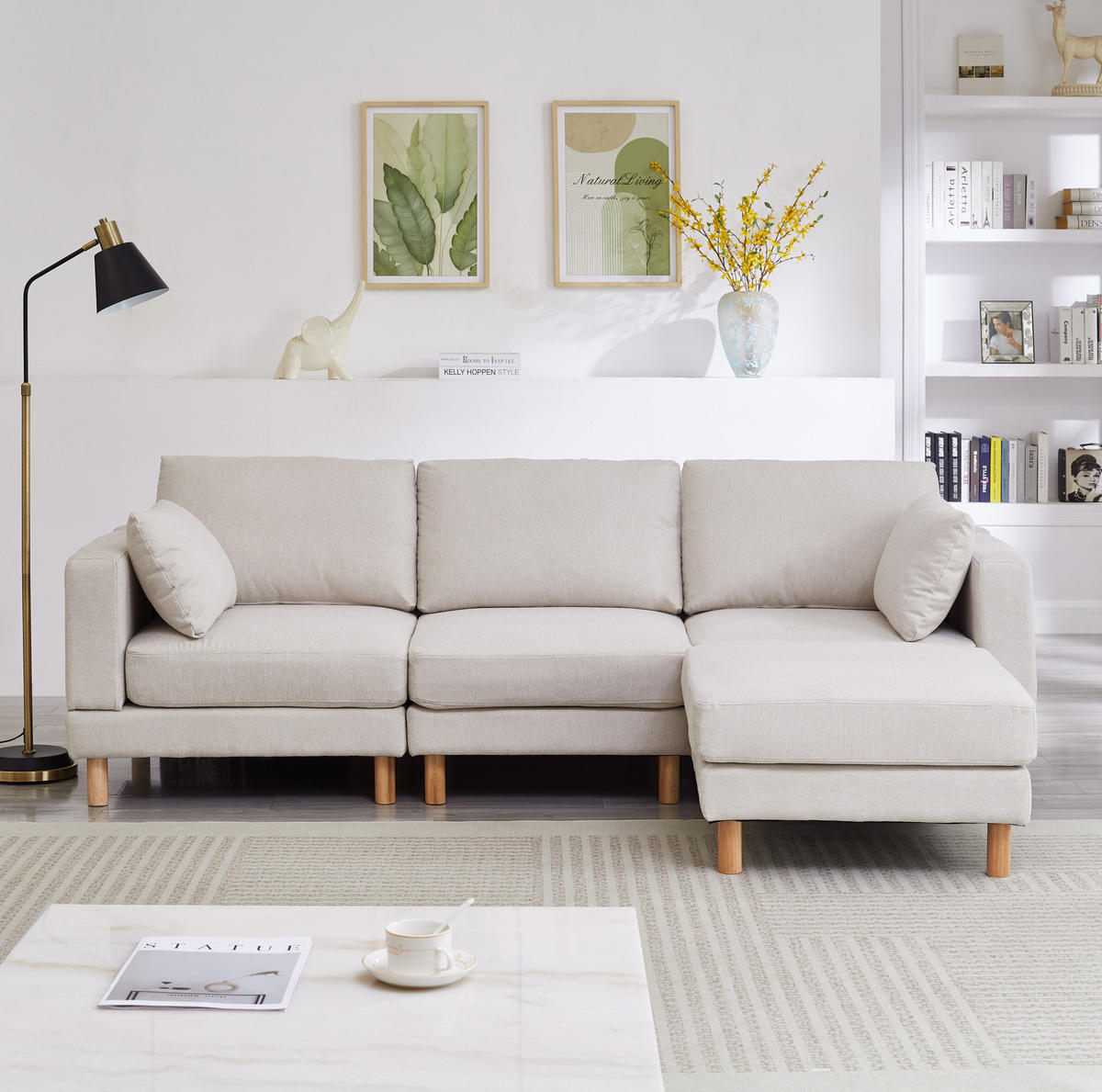 ECKSOFA 235/152/78 cm mit Hocker und flexibel montierbarer Chaiselongue, skandinavisches Design, Beige - Beige, Kunststoff (235/152cm) - Redom