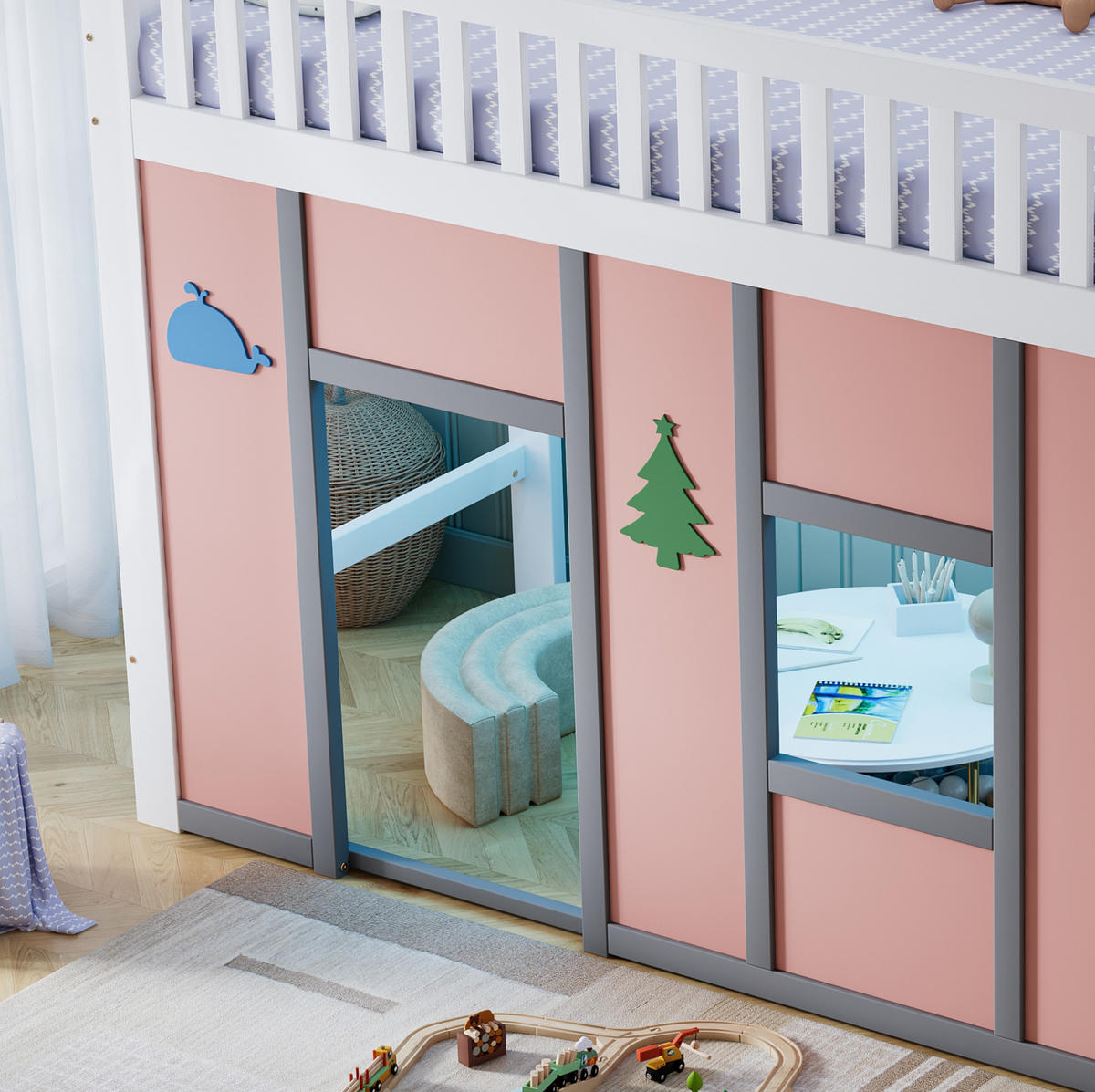 HALBHOCHBETT 90x200 cm in Weiß und Pink mit Stauraumtreppe und LED-Beleuchtung - Weiß, Holz (90/200cm) - IVMEU