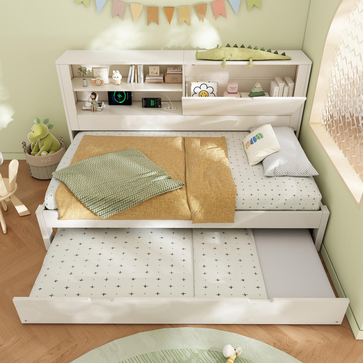 POLSTERBETT 90/190 cm mit Ausziehbett, Stauraum-Rückwand, USB und Lattenrost, Holz, Weiß - Weiß, Textil (90/190cm) - Redom