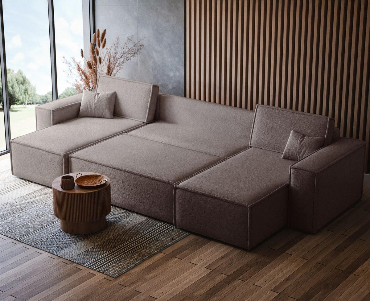 WOHNLANDSCHAFT Scarlo Hellbraun Bouclé-Bezug - Hellbraun/Schwarz, Kunststoff/Textil (312/83/145cm) - Selsey