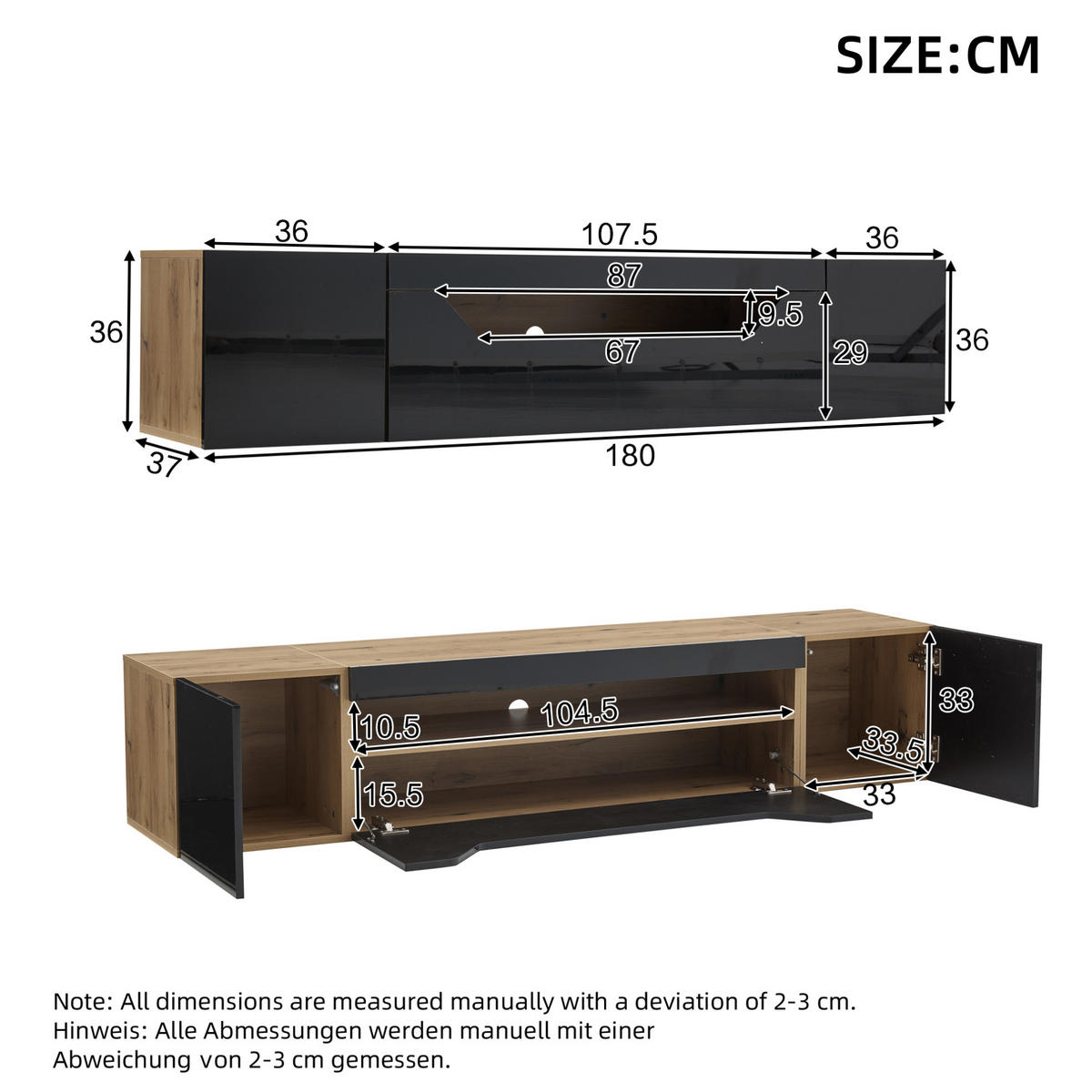 ZÁVĚSNÝ TV stolek 180/37/36 cm s LED osvětlením, vysokým leskem a víceúrovňovým úložištěm, Černá + přírodní dřevo - černá, kompozitní dřevo (180/36/37cm) - Redom