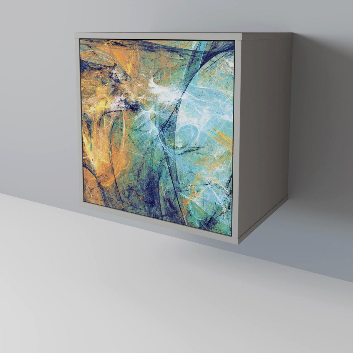 SIDEBOARD ABSTRACT THOUGHTS, Grau, 57,5x42x77,5 cm, Schräge Buchenholzfüße - Buchefarben/Multicolor, Holzwerkstoff/Buchenholz (57.5/77.5/42cm) - SpaceRebels