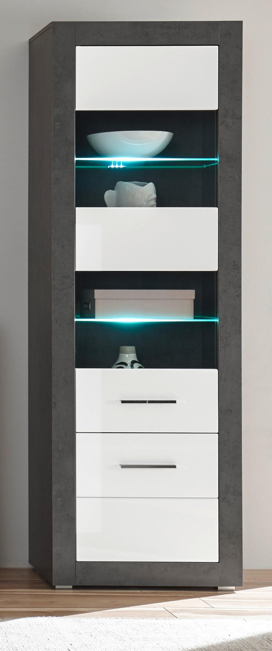 VITRINE weiß Hochglanz, grau Stone 65 cm, Vitrinenschrank Türanschlag wechselbar - Chromfarben/Weiß Hochglanz, Glas/Holzwerkstoff (65/198/35cm) - Furn.Design